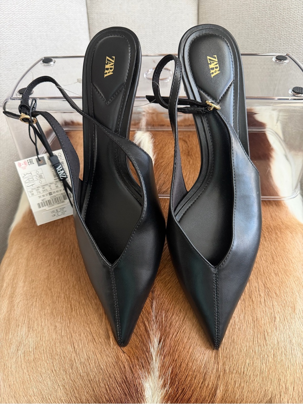 ZARA Black Pointed Slingback Heels with Ankle Strap
